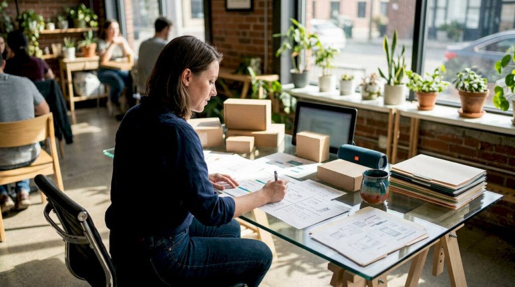 Person reviewing delivery service brochures at desk