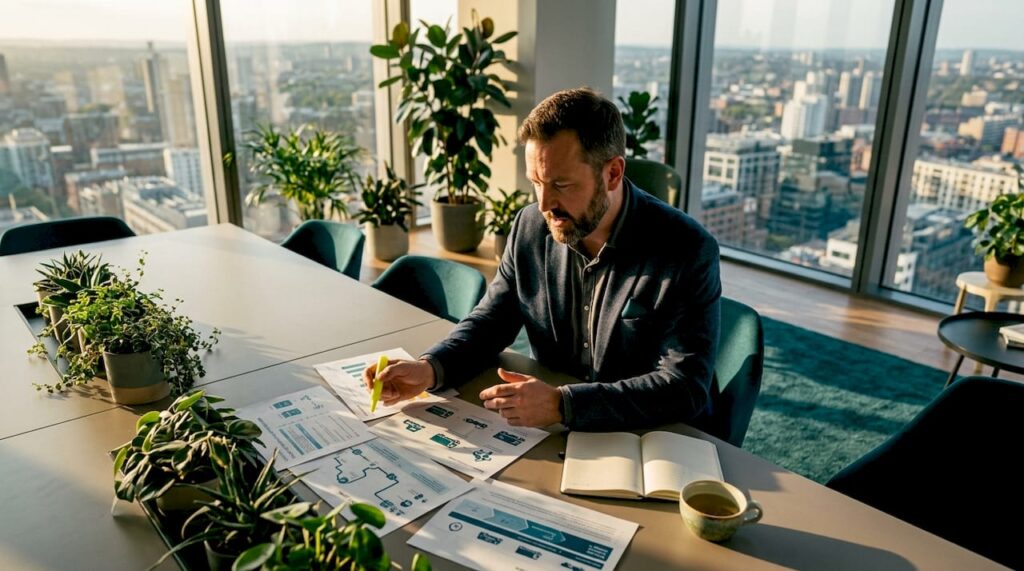 Logistics manager reviewing continuity plans in office