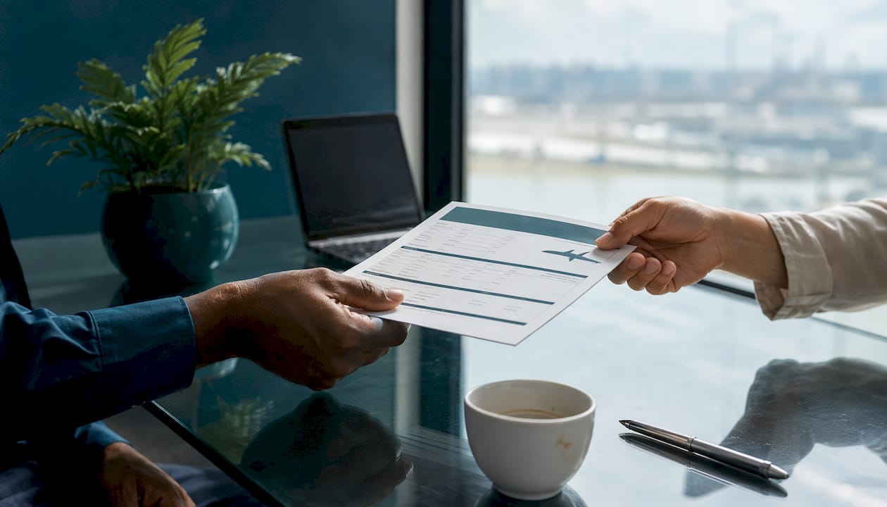 Hands exchanging air freight booking document