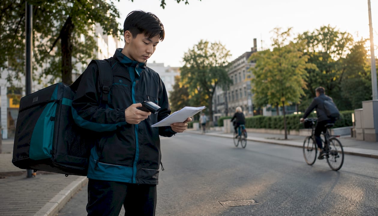 Courier verifying same-day delivery on city street