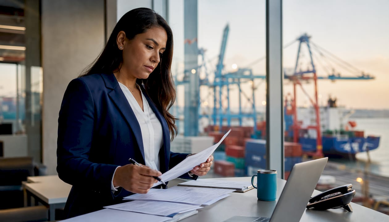 Freight forwarder reviewing shipping documents at office desk