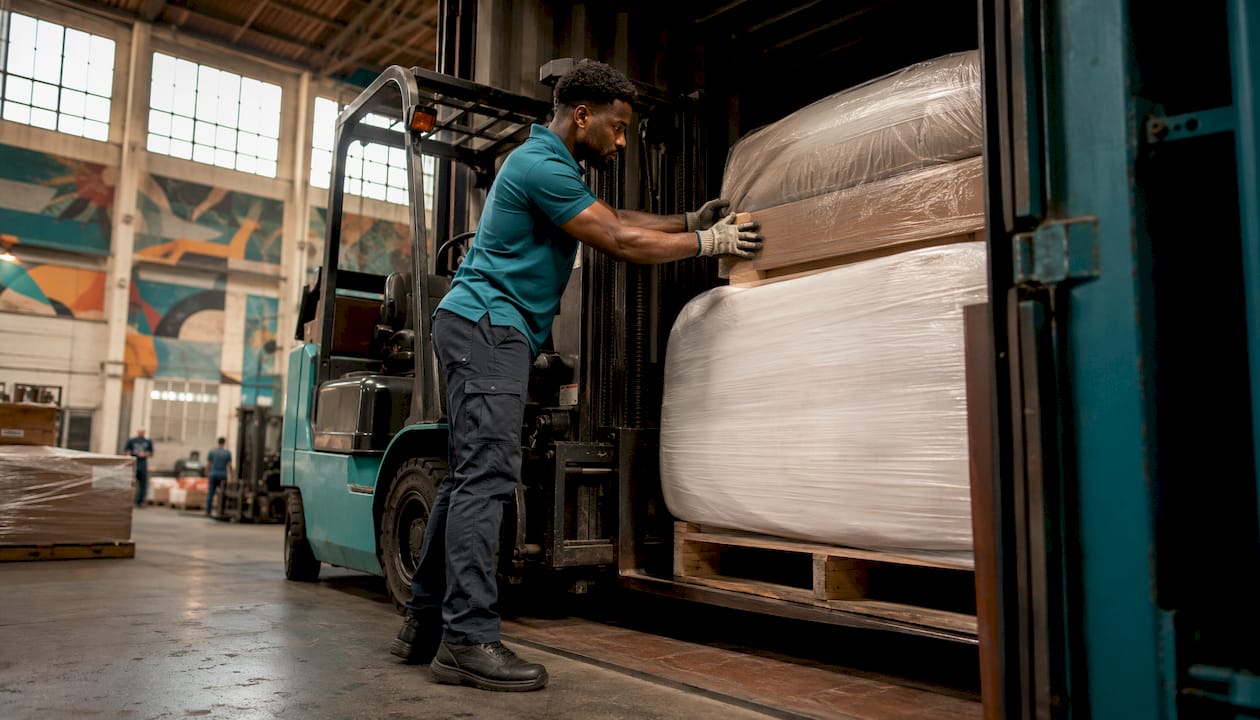 Warehouse worker loading ecommerce cargo container