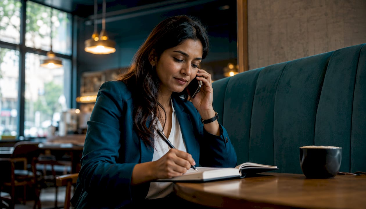 Woman multitasking at desk making networking calls