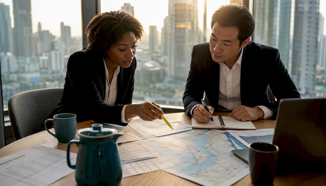Business team planning logistics routes in office