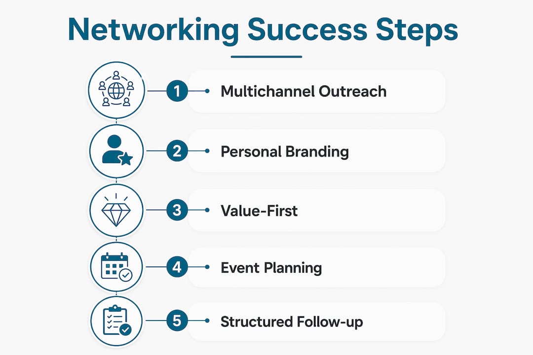Infographic depicting five steps for networking success