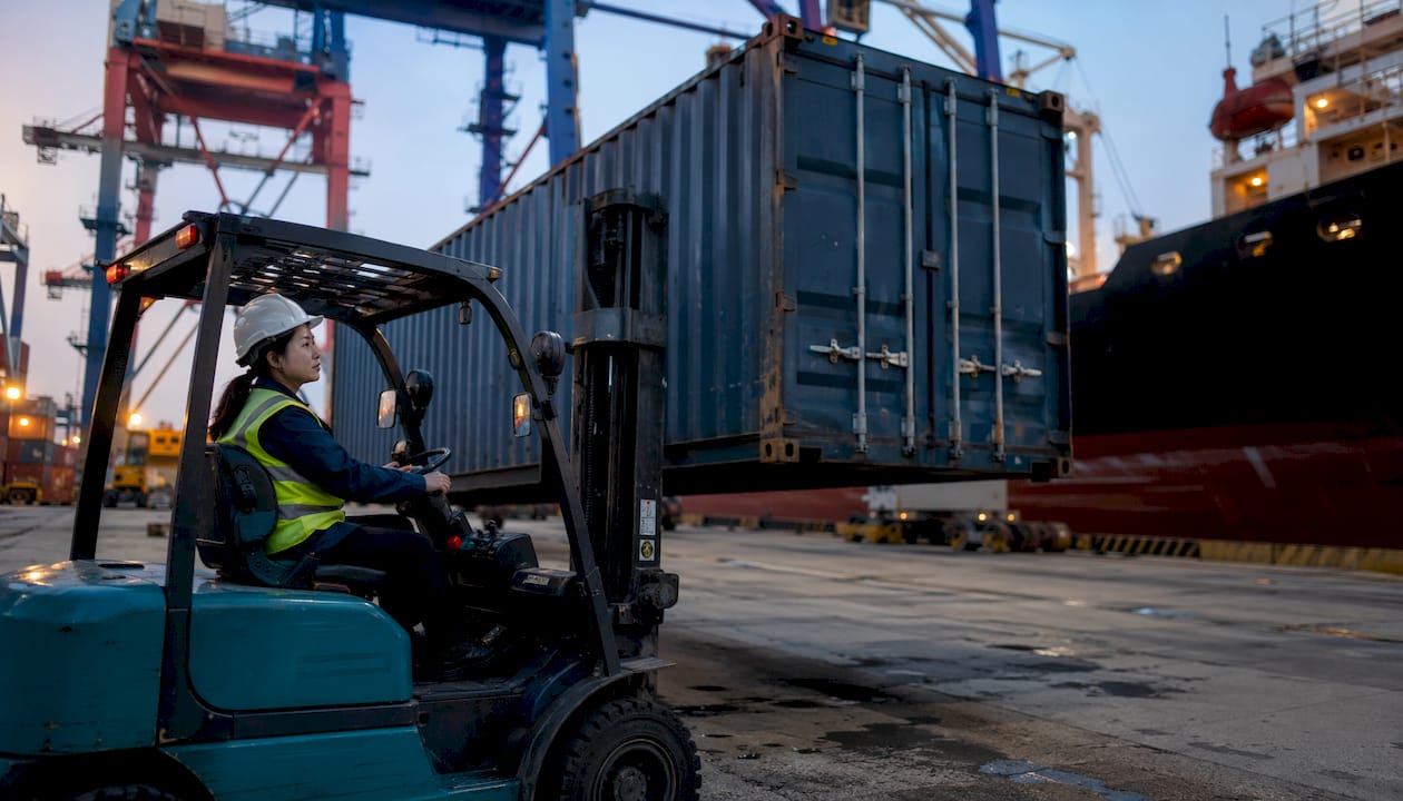 Forklift loading cargo container on dock at sunset