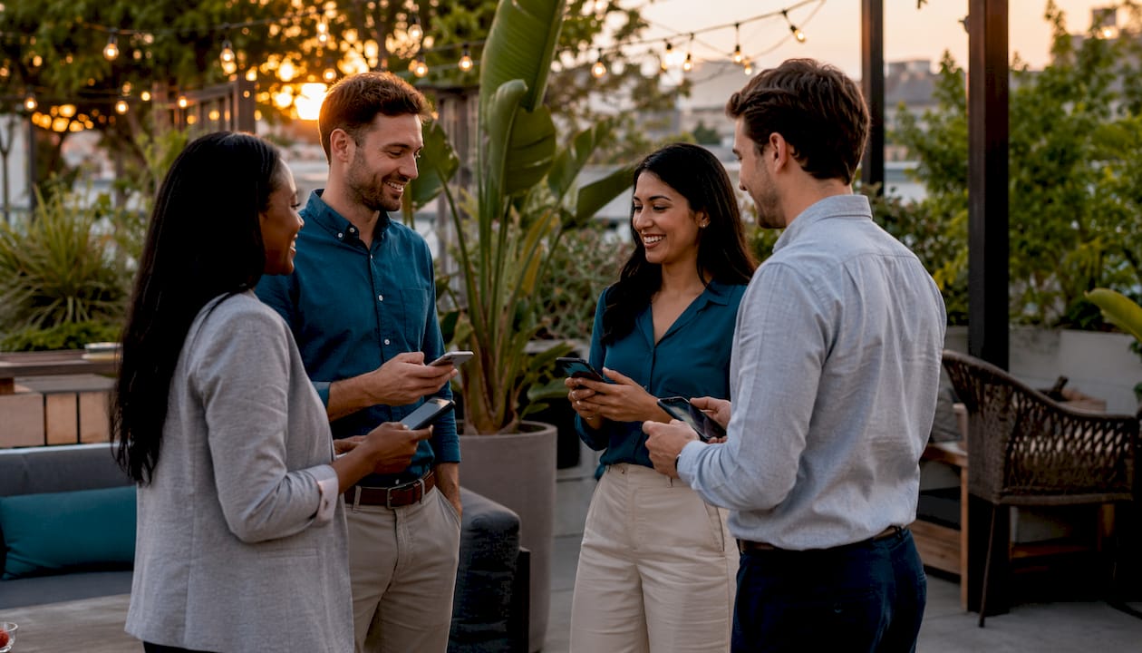 Group exchanging digital cards at networking event