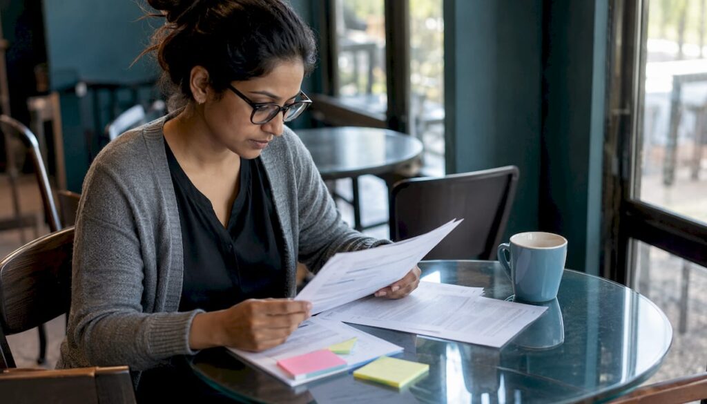 Woman reviewing shipping insurance papers