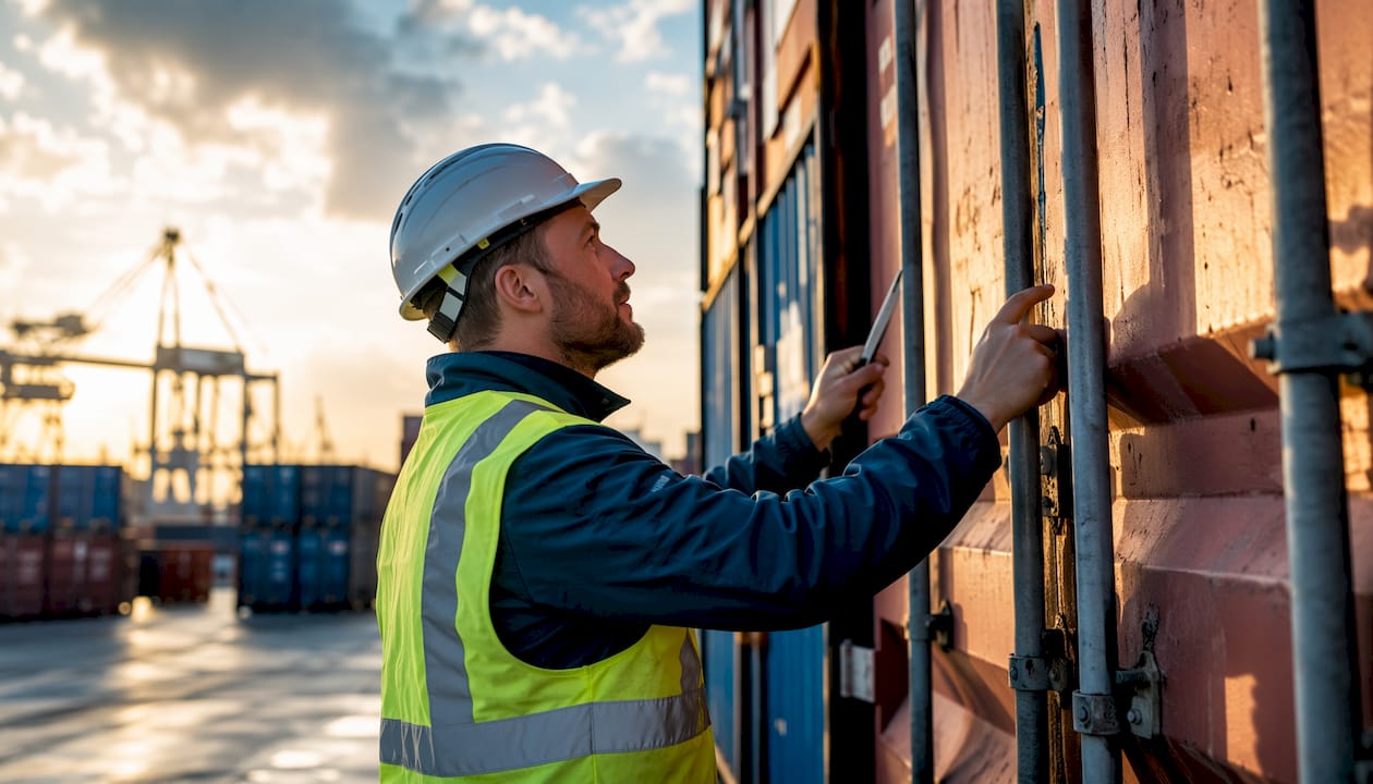 Dock worker inspecting shipping containers at port