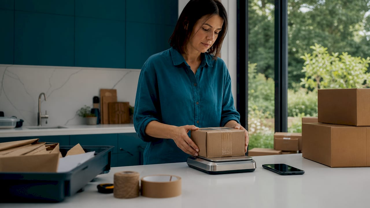Small business owner preparing international shipment