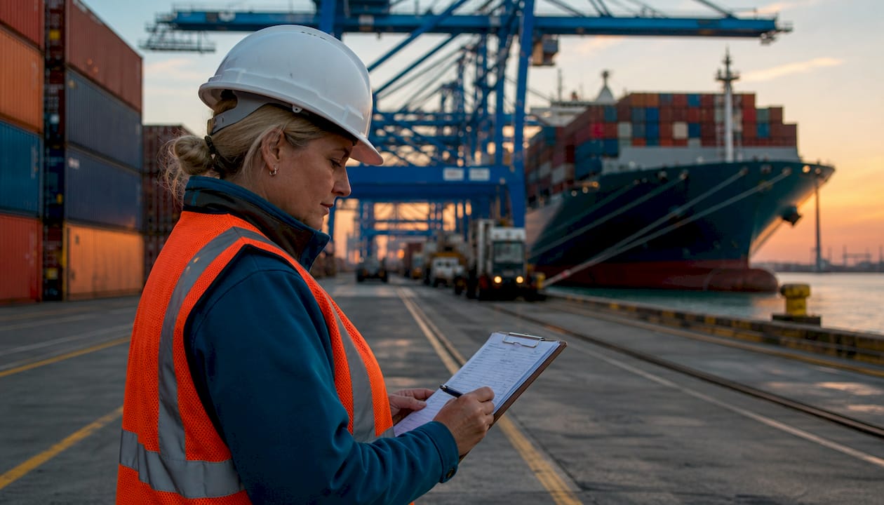 Port manager observing cargo unloading at shipping dock