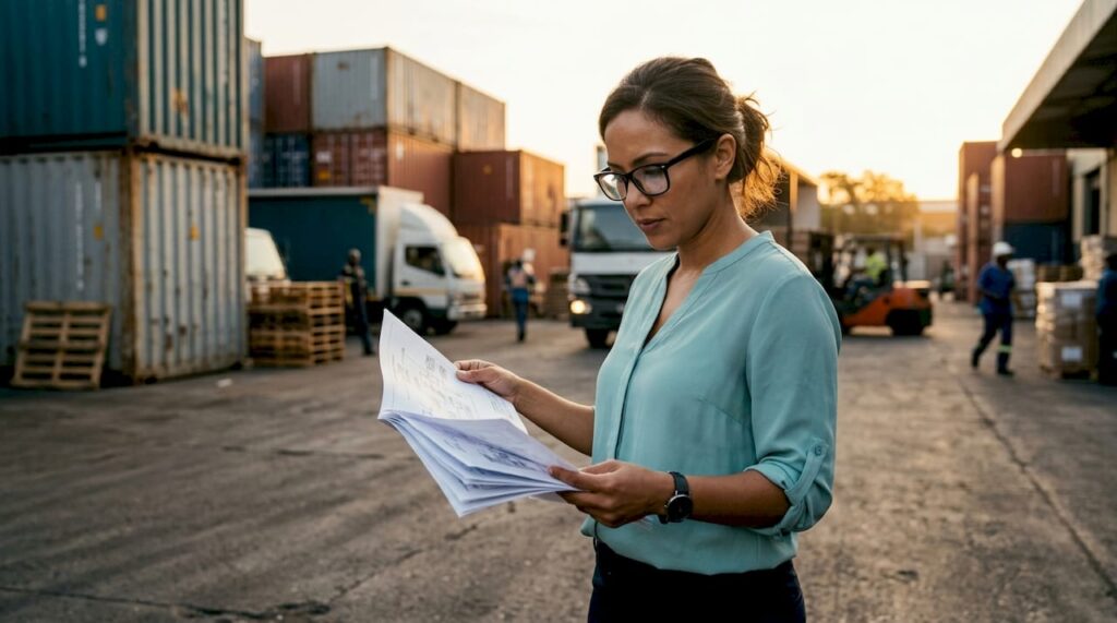 Logistics manager reviewing integration diagrams at desk