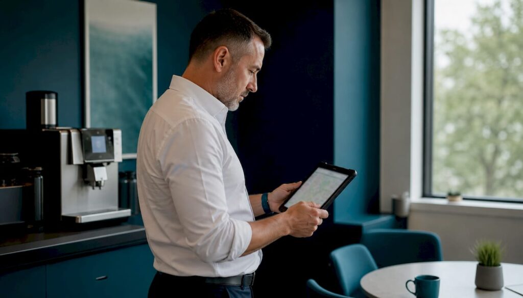 Logistics manager using mobile tablet in warehouse office