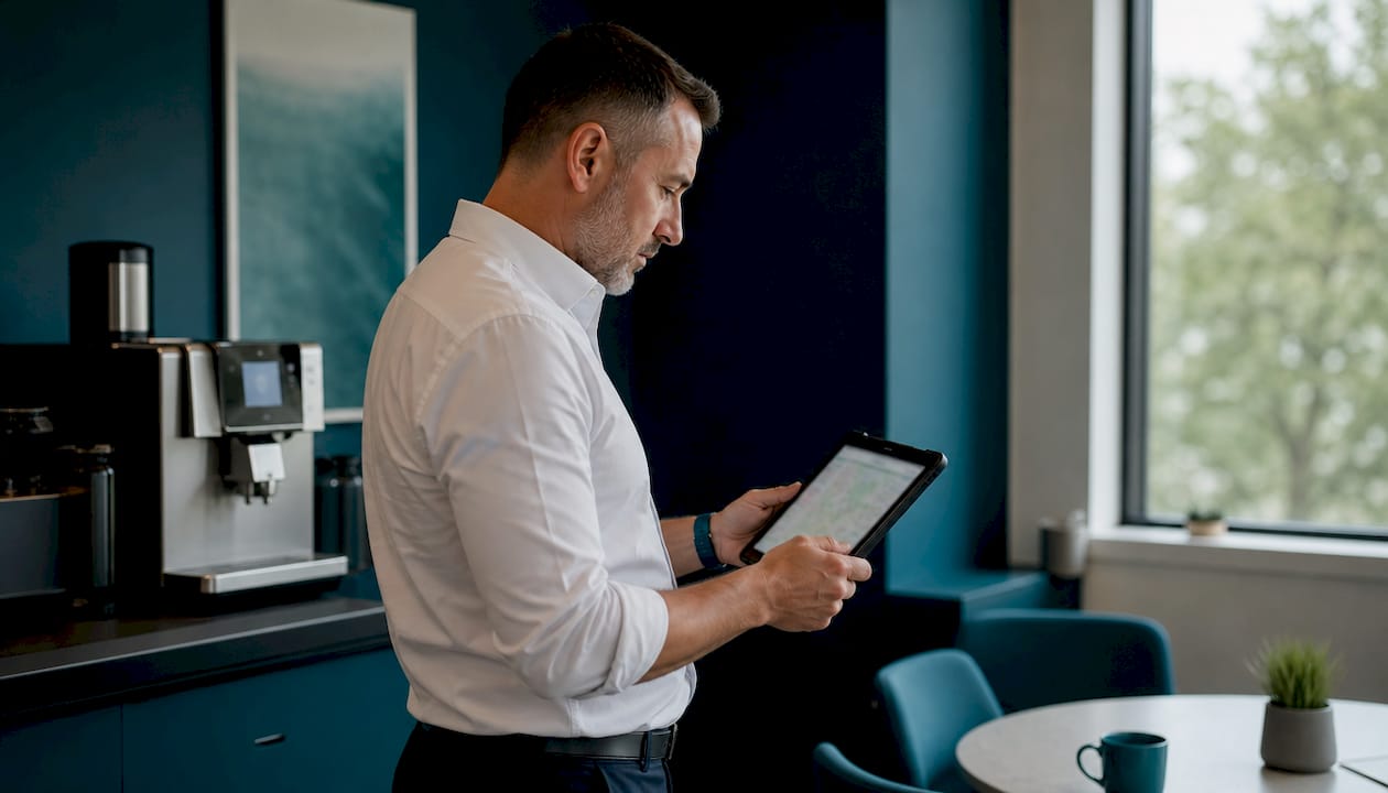 Logistics manager using mobile tablet in warehouse office