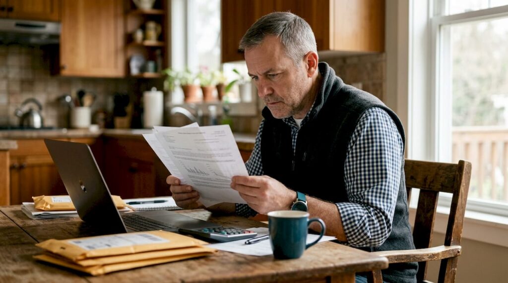 Small business owner reviewing freight insurance documents