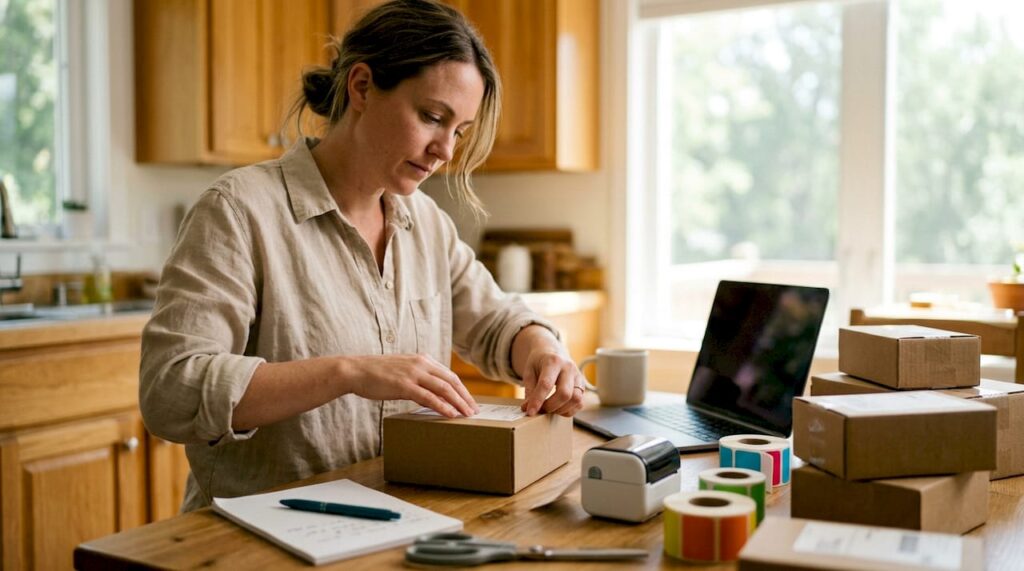Seller applying shipping label onto package