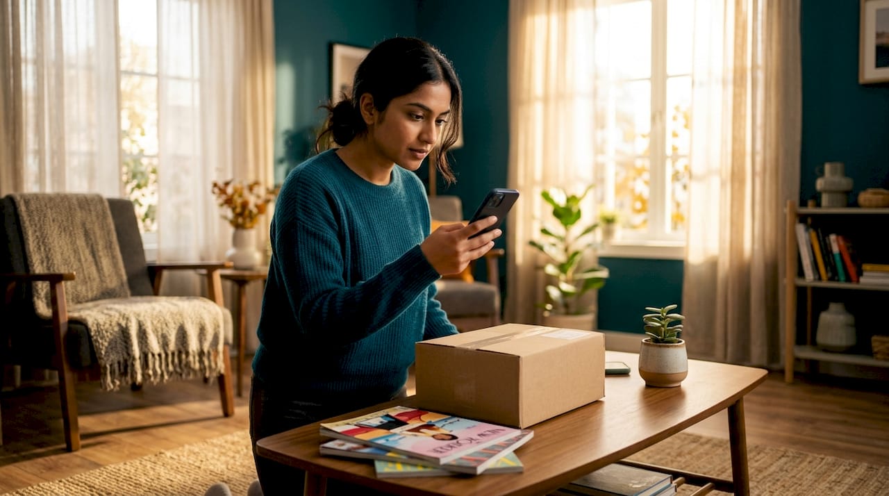 Woman checking delivery confirmation on phone