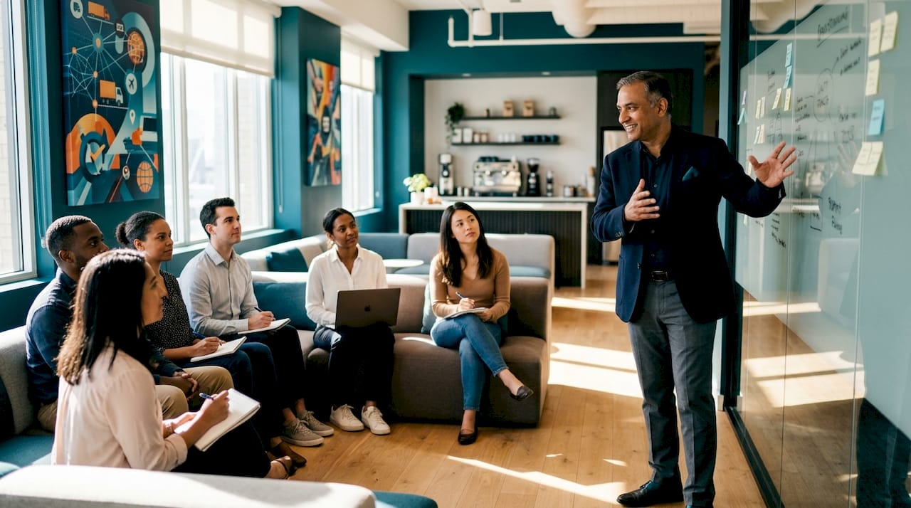 Manager leading team meeting in office