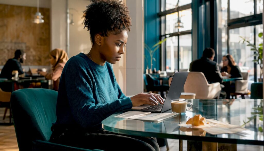 Freelancer working at home desk in morning light