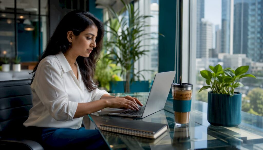 Woman typing professional email in office