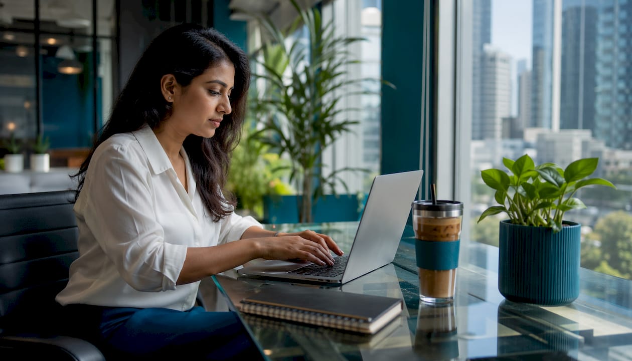 Woman typing professional email in office