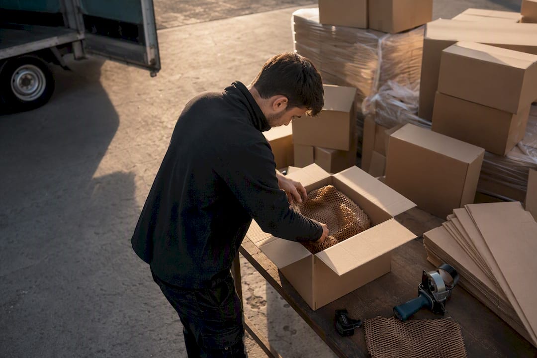 Worker cushioning parcels in warehouse packing