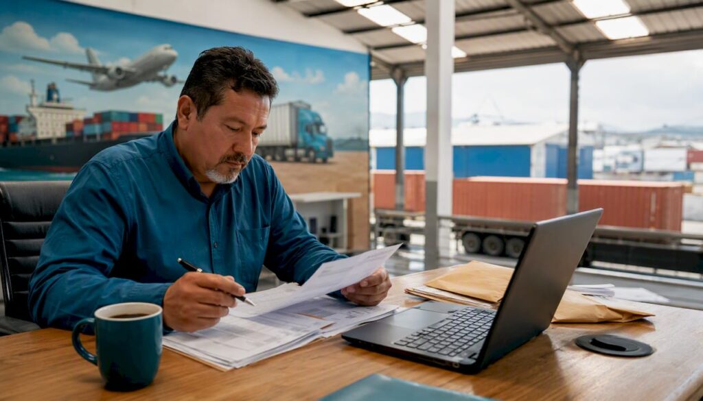 Logistics manager reviewing customs brokerage documents
