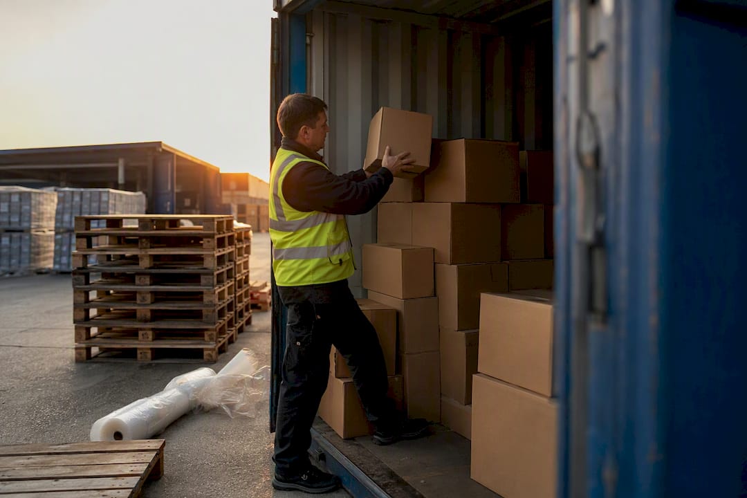 Worker stacking boxes inside LCL shipping container