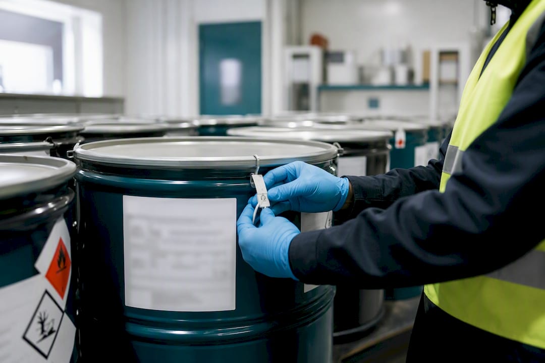 Close-up of hazardous cargo packaging and seal check