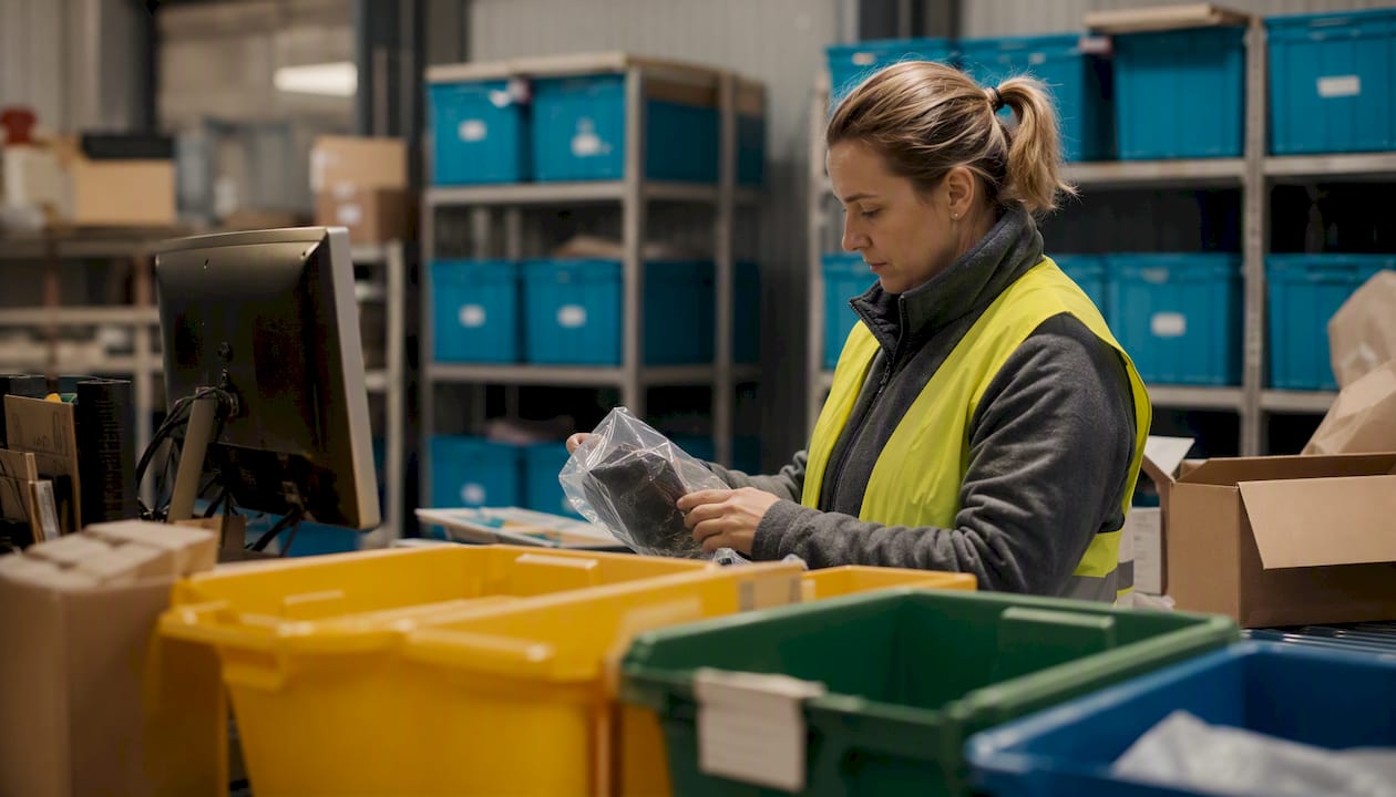 Hands grading returned packages in warehouse
