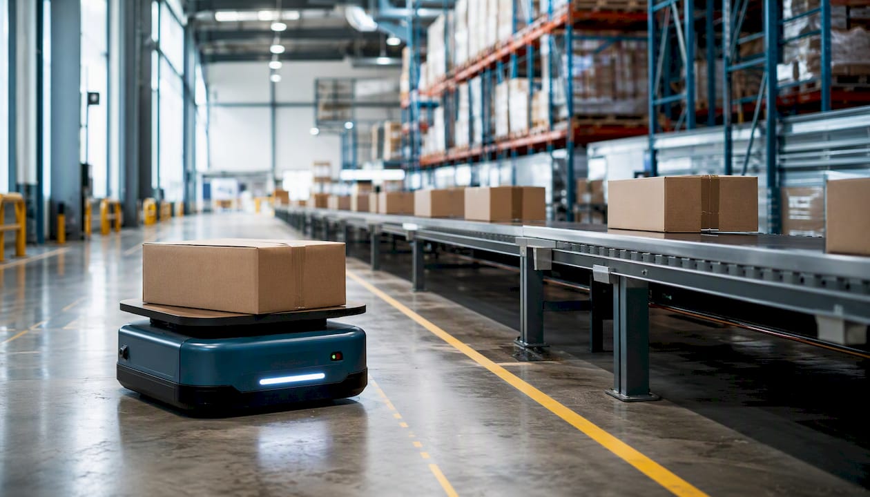 Conveyor with autonomous robot in warehouse