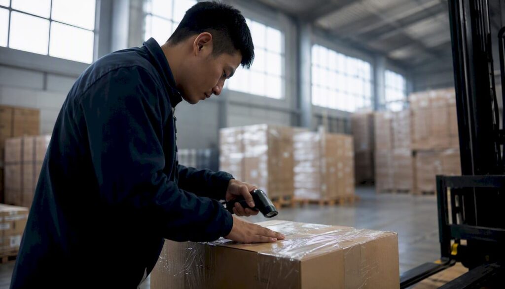 Worker scanning and labeling freight in warehouse
