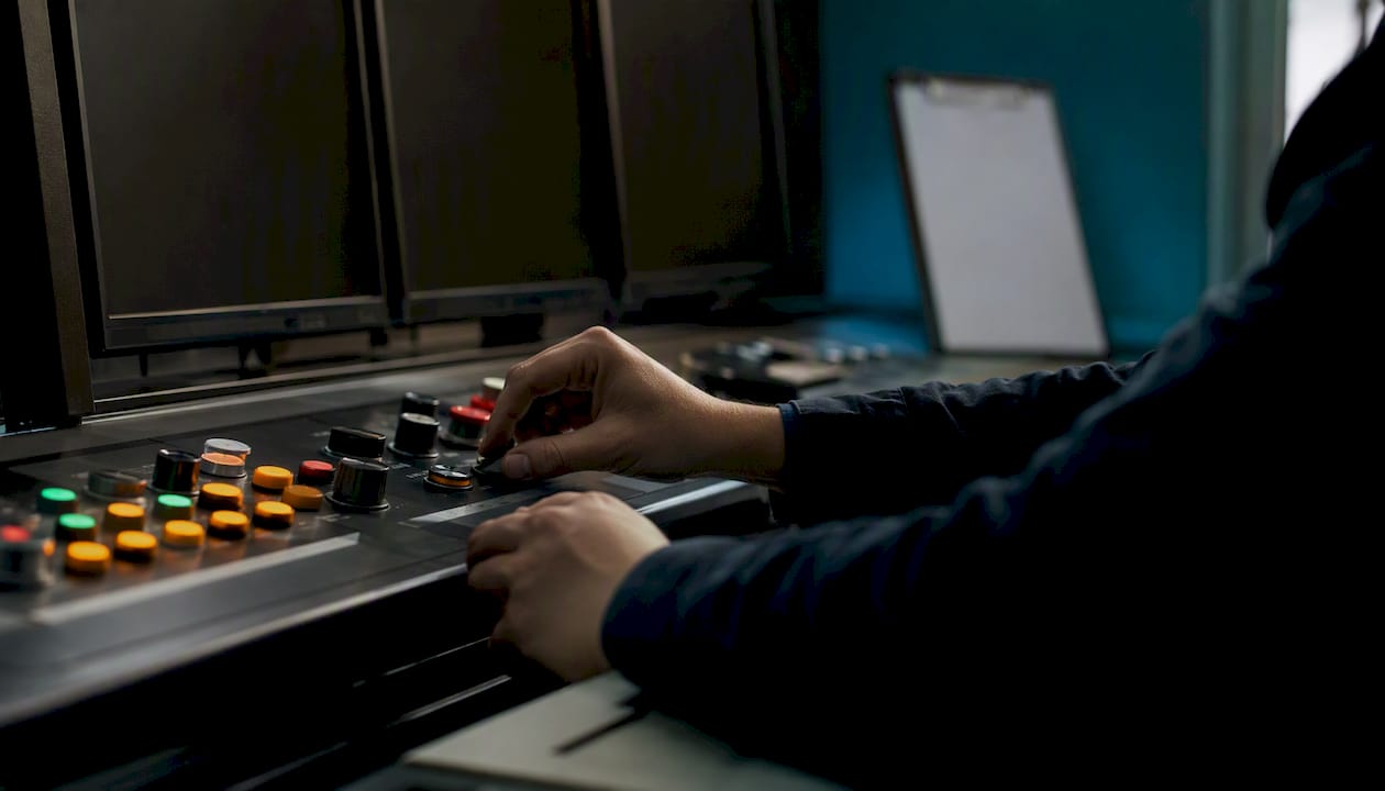 Hands operating control panel with alert lights