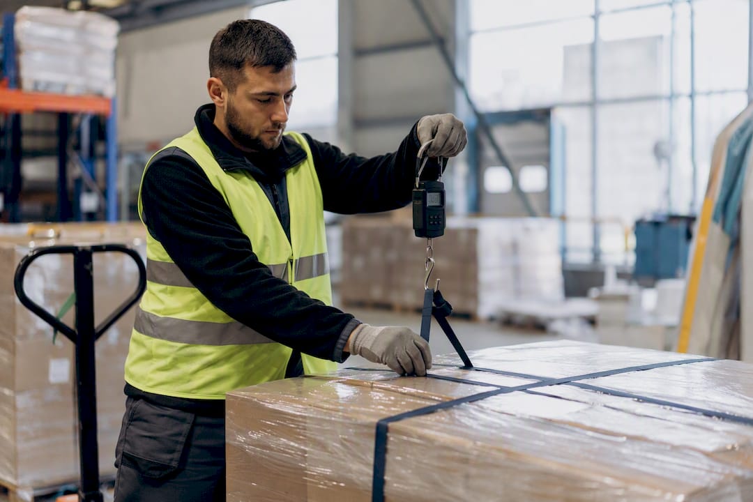 Worker weighing freight pallet in warehouse