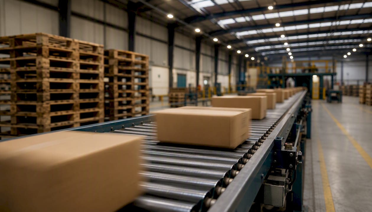 Conveyor belt moving parcels in warehouse