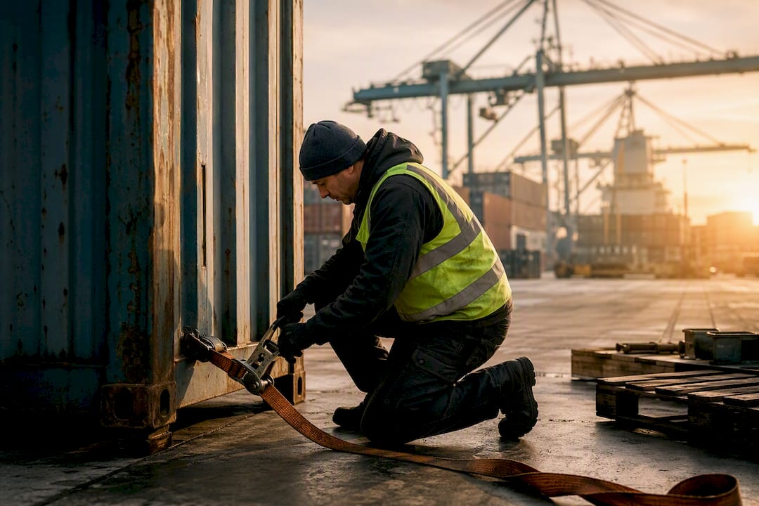 Worker securing shipping container at dock