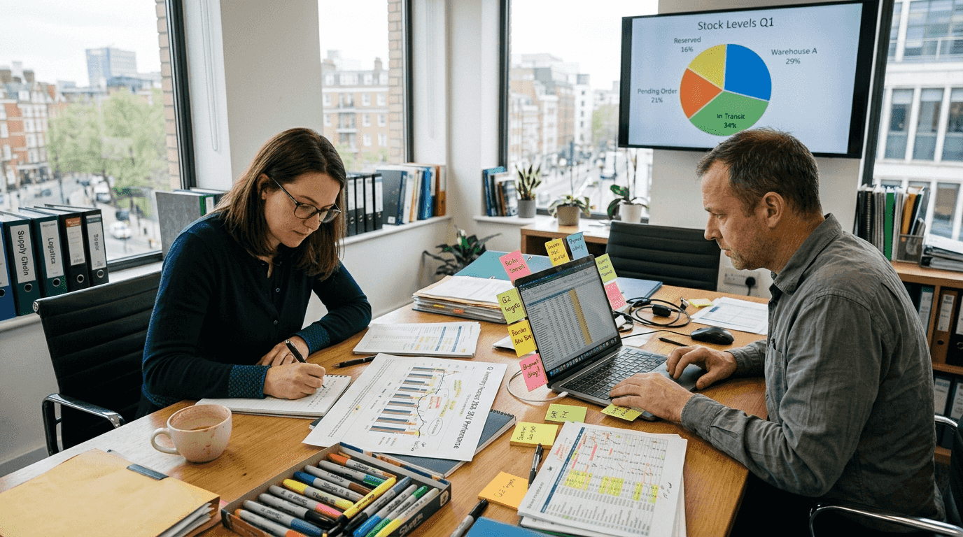Retail team reviews inventory forecast chart