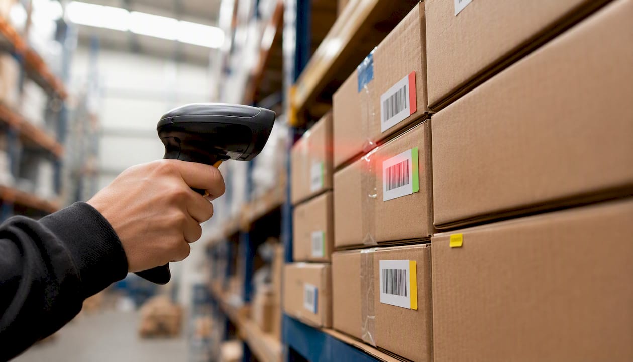 Hand scanning barcode on shipping boxes in warehouse