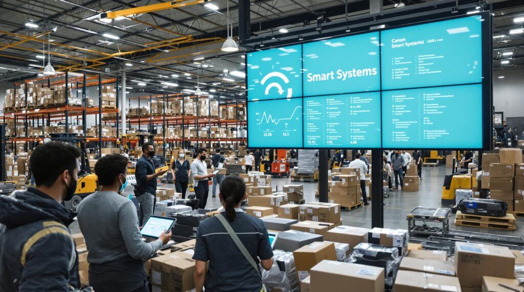 Warehouse team managing inventory and just in time delivery systems