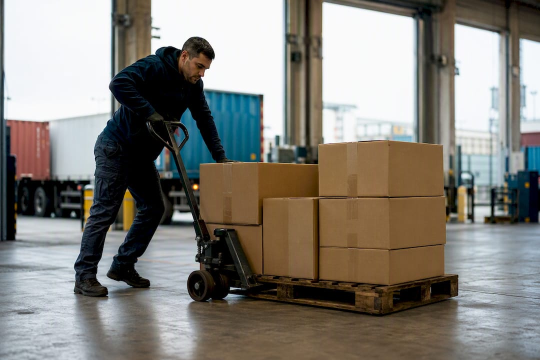 Worker consolidating shipments on a pallet at dock