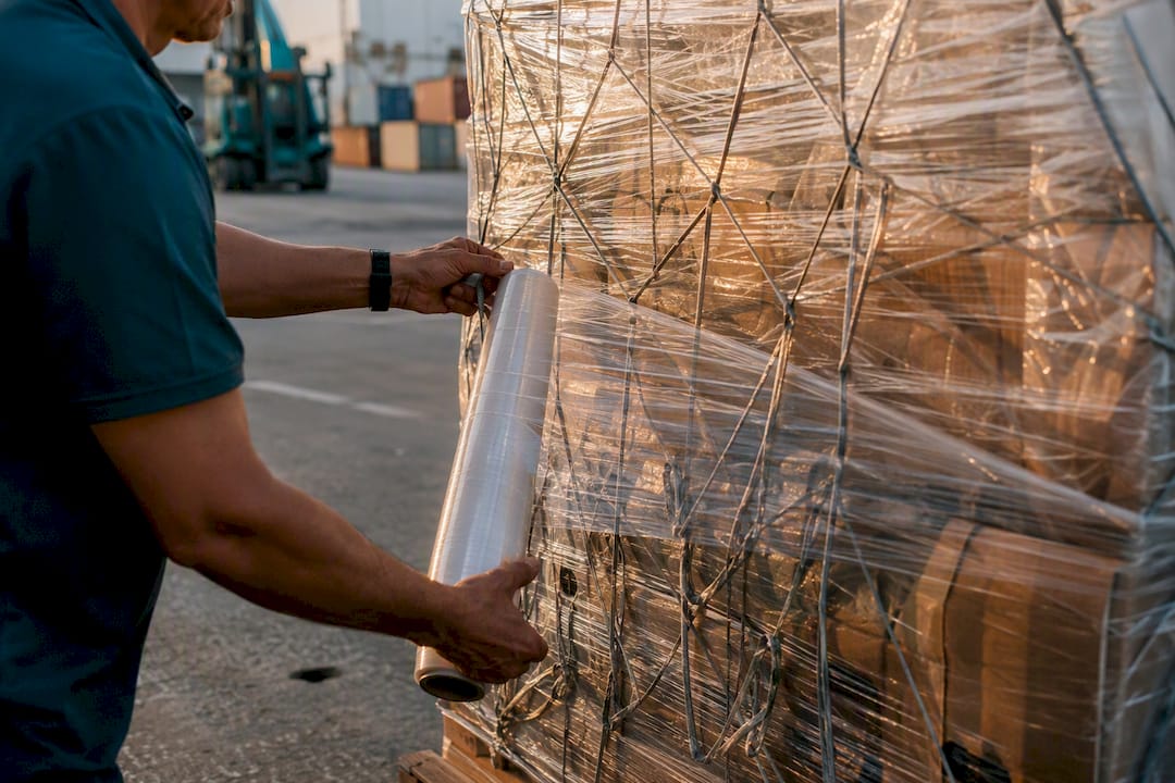 Hands wrapping bulky shipment crate