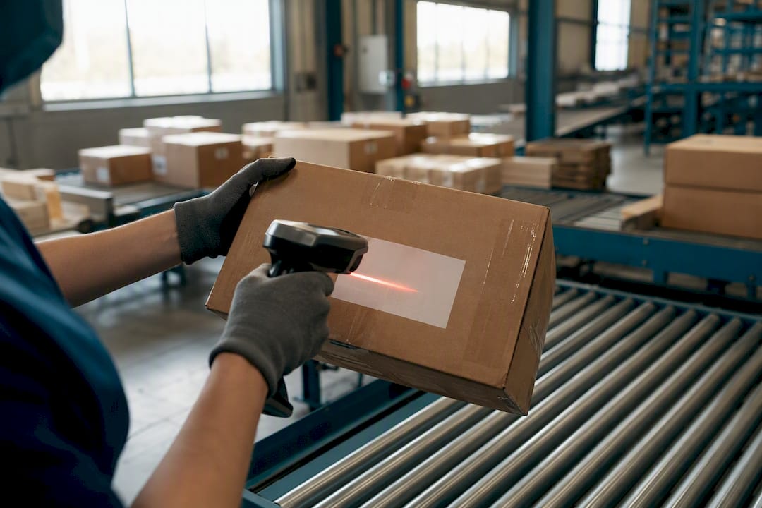 Hands scanning package barcode in logistics facility