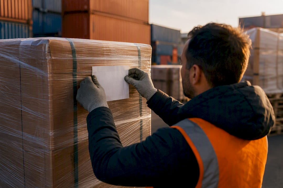 Hands labeling cargo pallet in warehouse