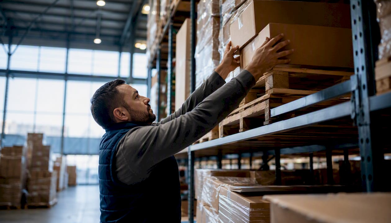Worker shelving inventory boxes in warehouse