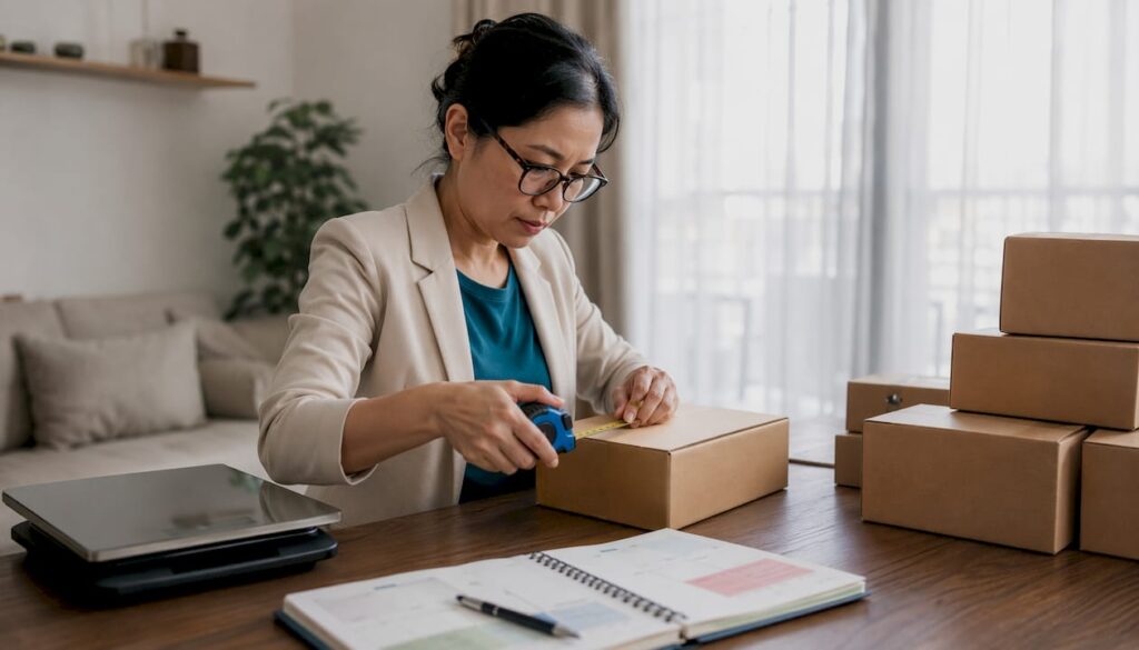 Woman measuring package for shipping
