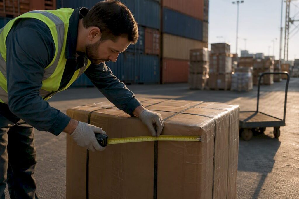 Hands measuring dimensions of freight package