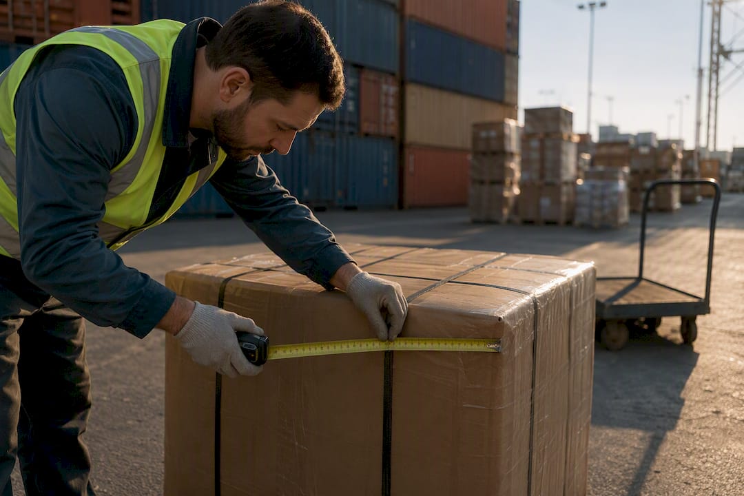 Hands measuring dimensions of freight package