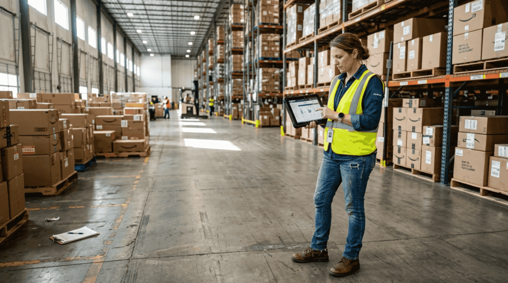 Warehouse manager checks stock on digital tablet