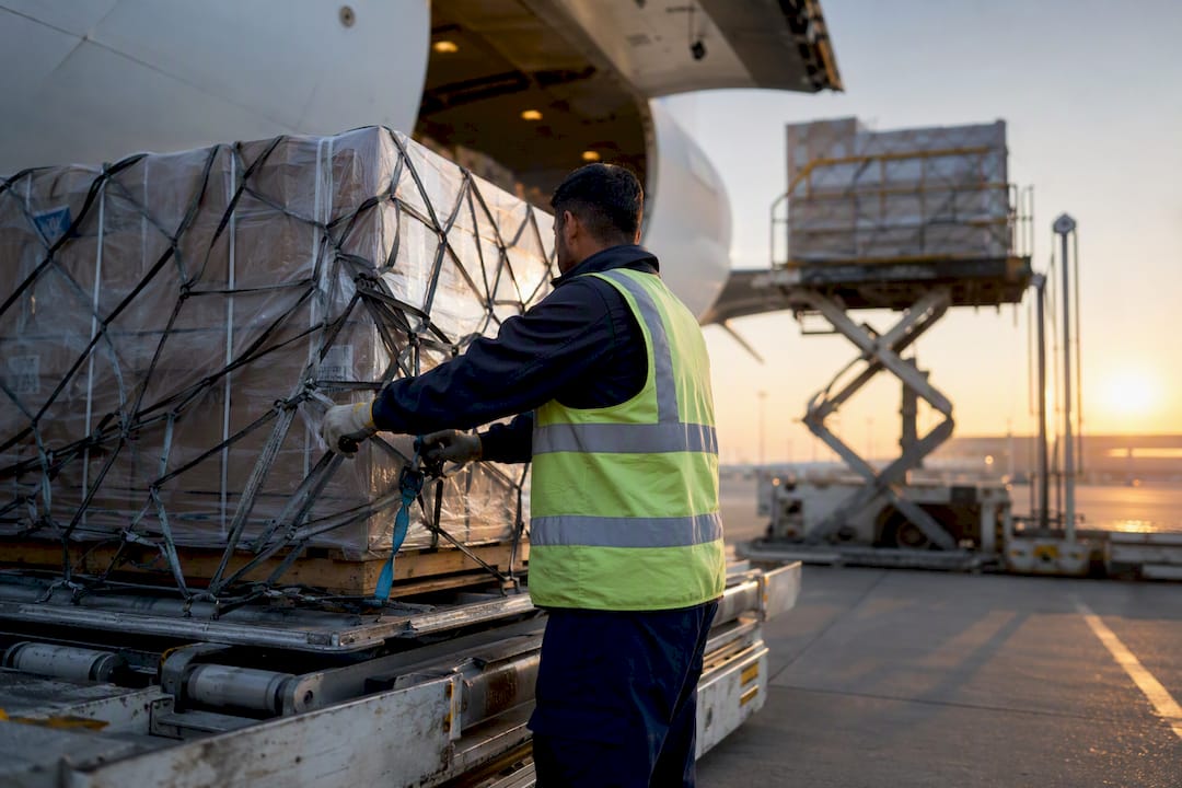 Worker securing air freight cargo pallets