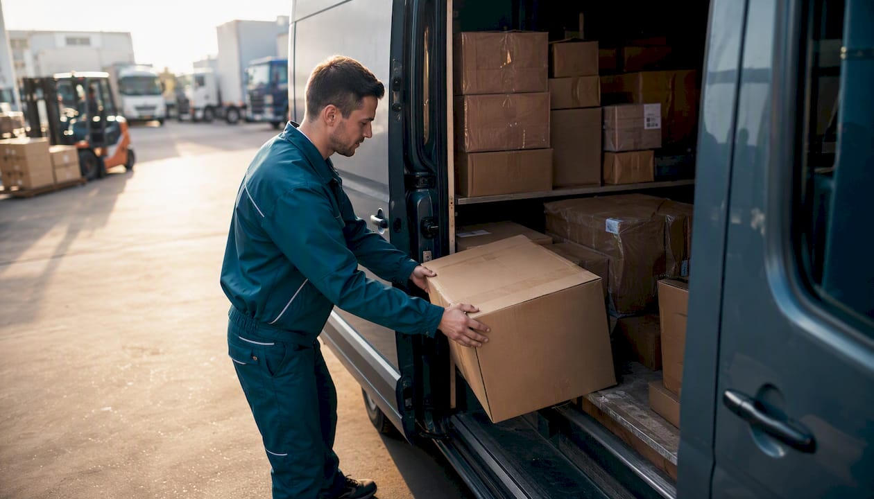 Worker loading parcel into delivery van